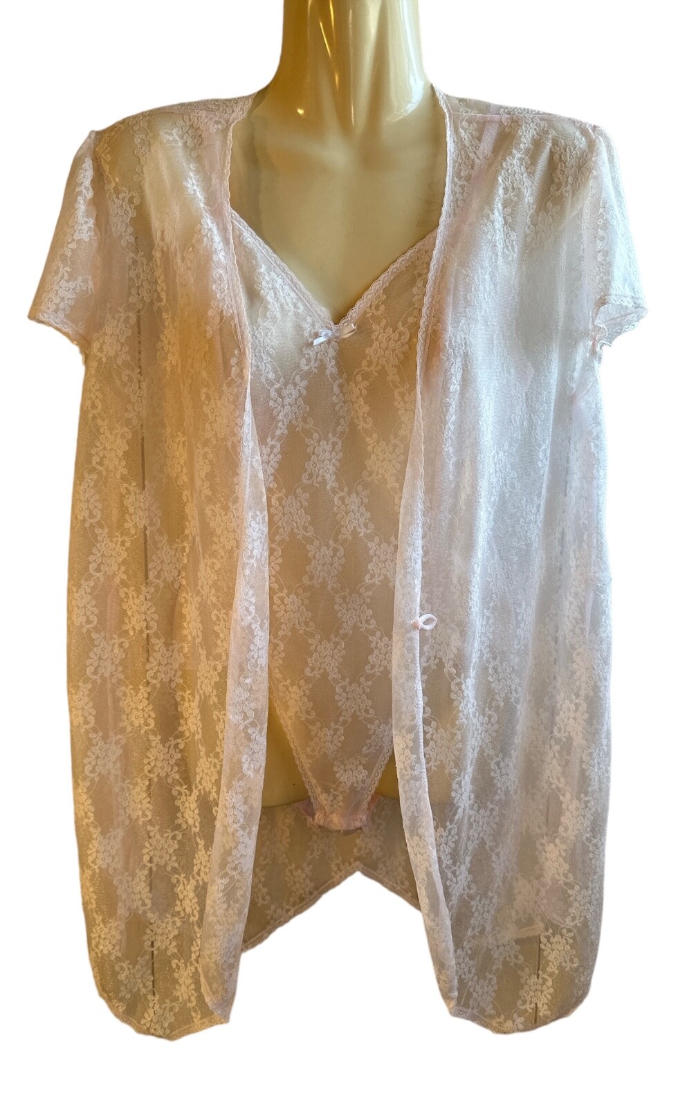 Women’s 2pc Vintage Samye Teddy Lingerie Sheer Soft Floral Lace and Robe Size Sm