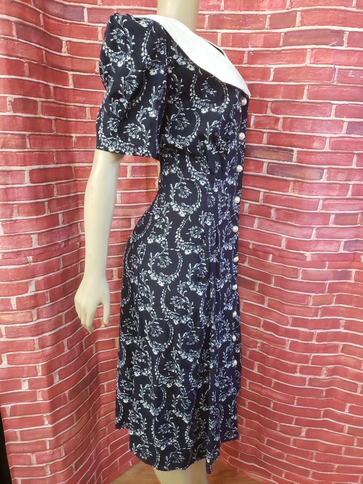 Vtg 90s Caroline Wells Dress Navy White Size 14 Cottagecore 100% Rayon NEW #W2