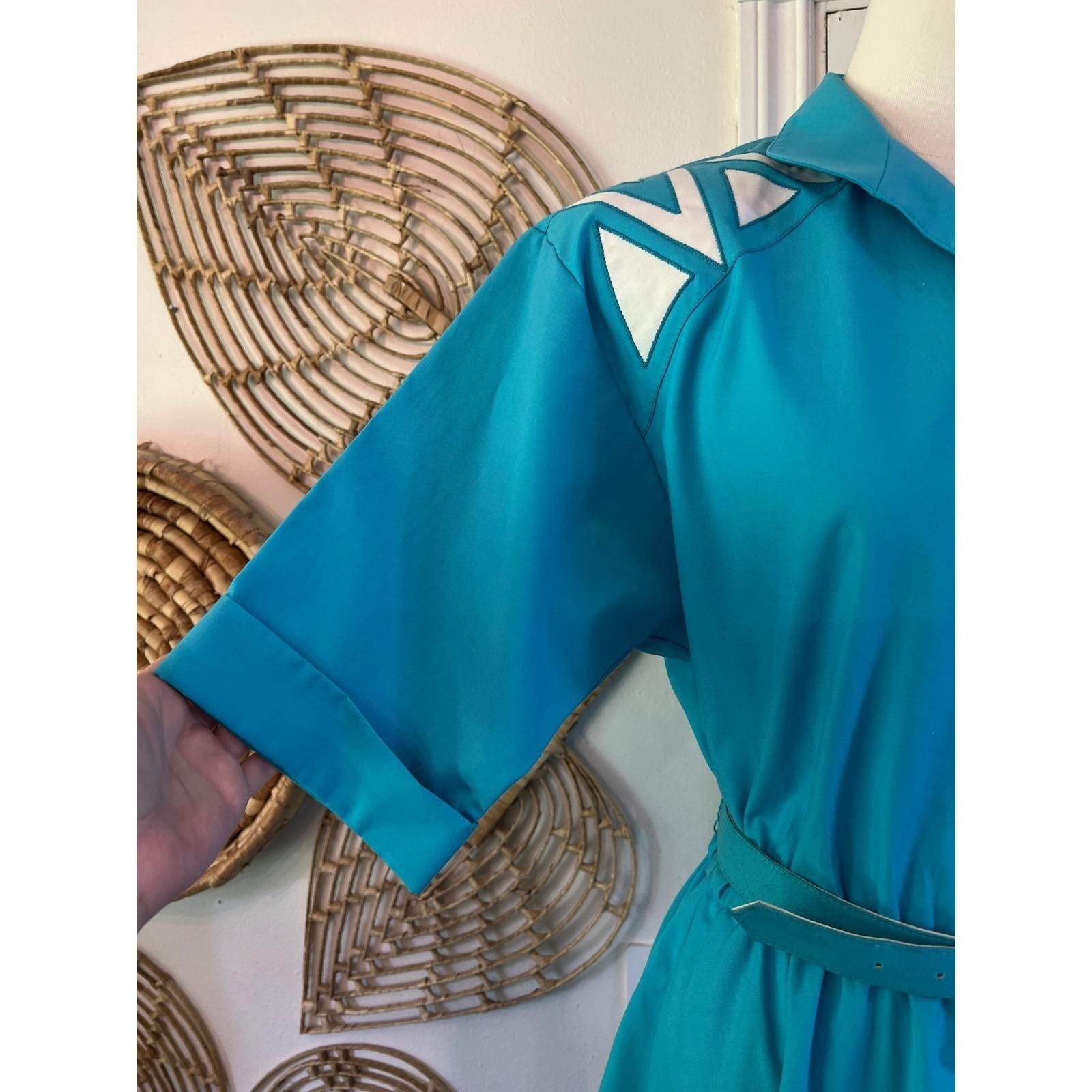 Vintage Teal Shirt Dress Belted Western Midi USA 80s Button Front Size 6
