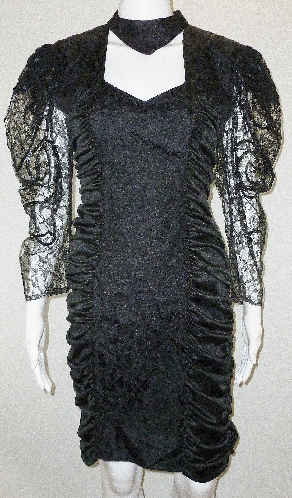 Vintage 80s Mayvens California Bodycon Dress Cocktail Black Puff Sleeve Choker S