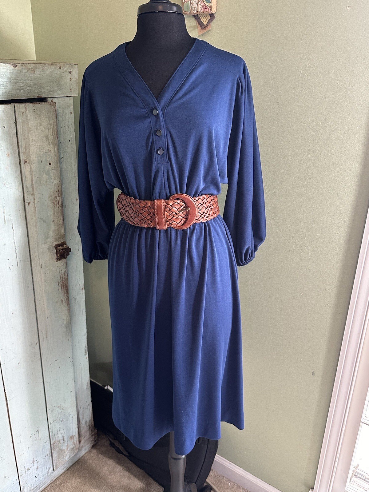 Vintage 1970’s Trends by Jerrie Laurie Dress Gathered Waist Size 12/14 Navy