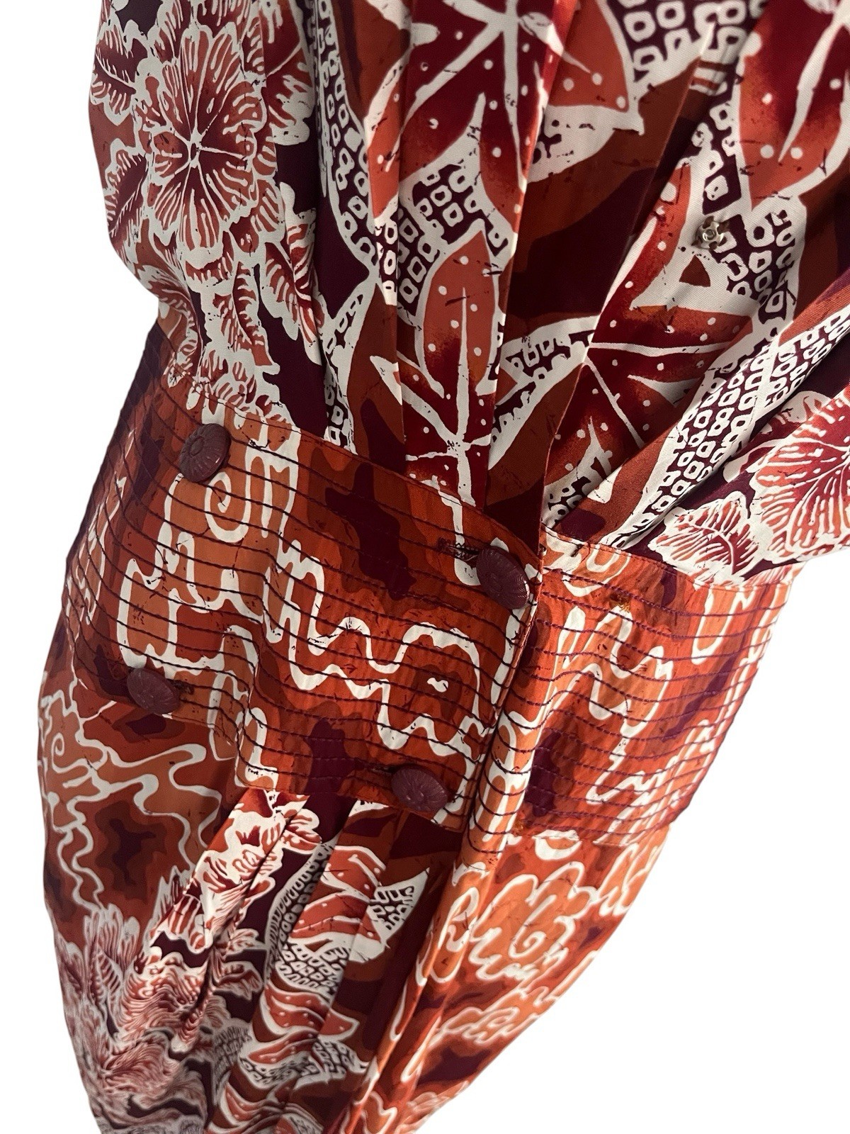 Vintage Barbara Barbara Rayon Wrap Effect Batik Print Dress Rust Cream Large