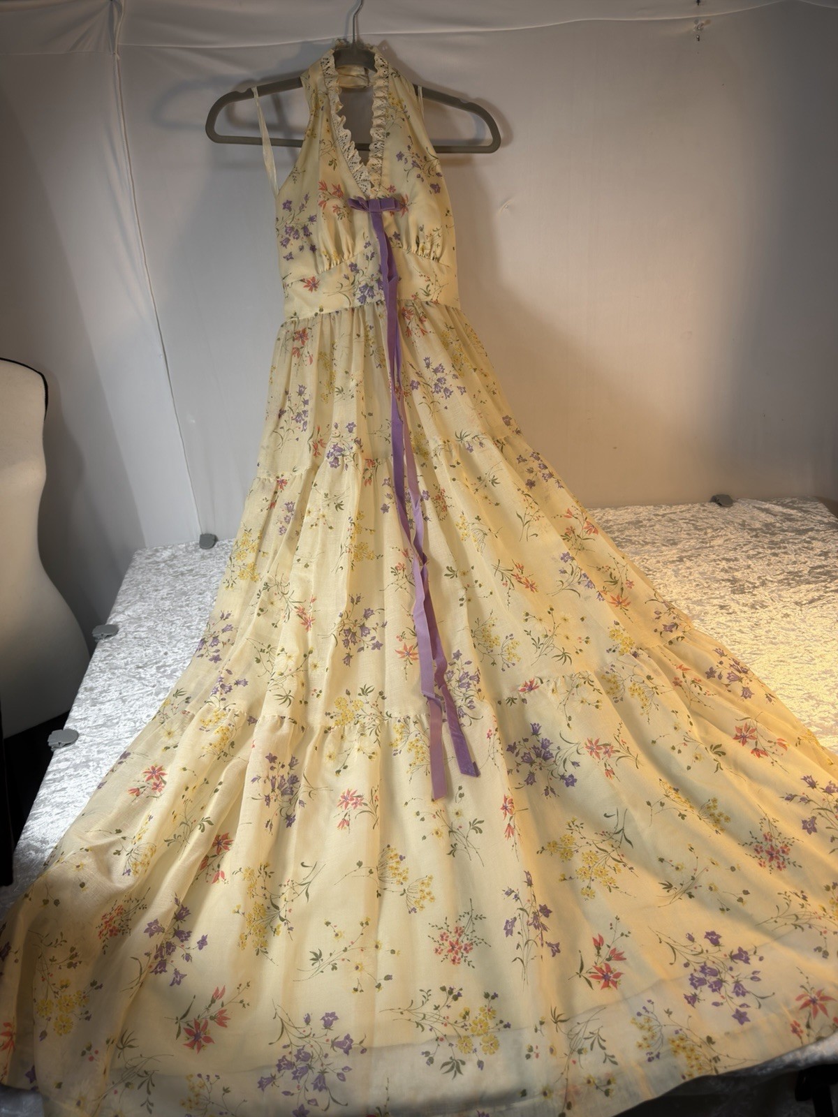 Vintage Nadine Prairie Maxi Dress Floral Halter Cottagecore Lace Tiered XS