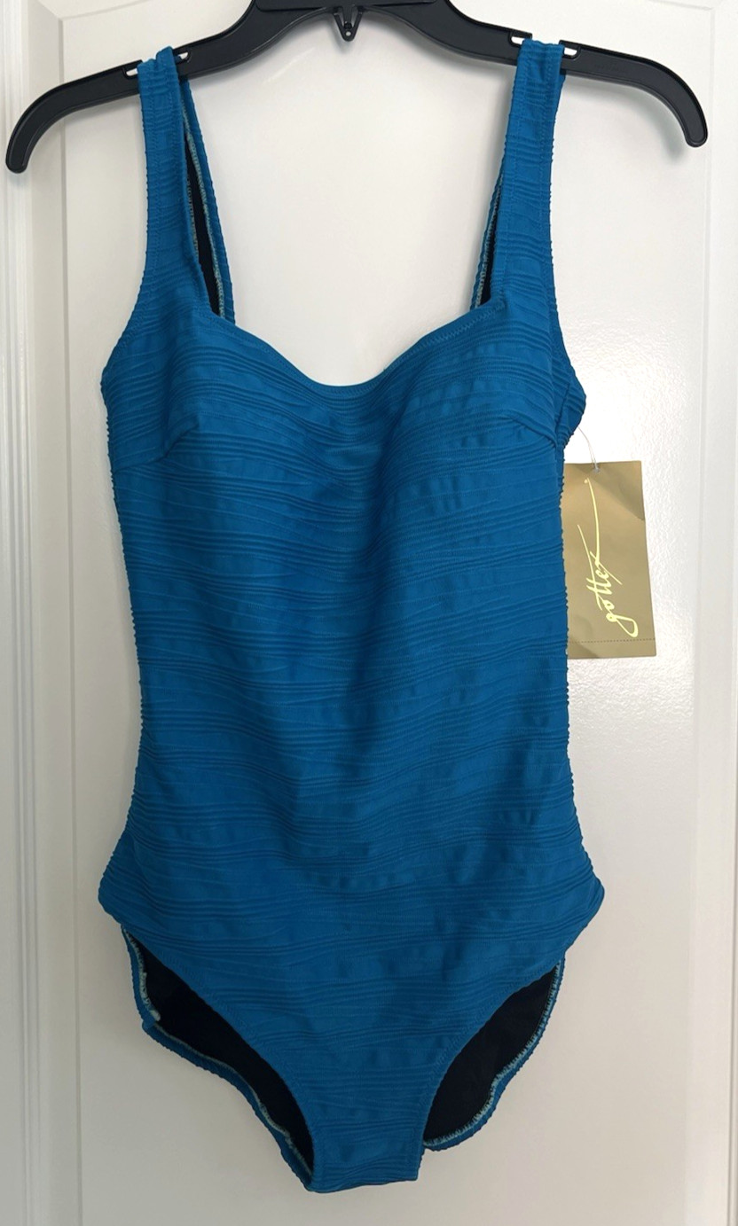 Gottex Swimsuit New Tags High Cut One Piece Lined Blue Vintage Ruched Size 14