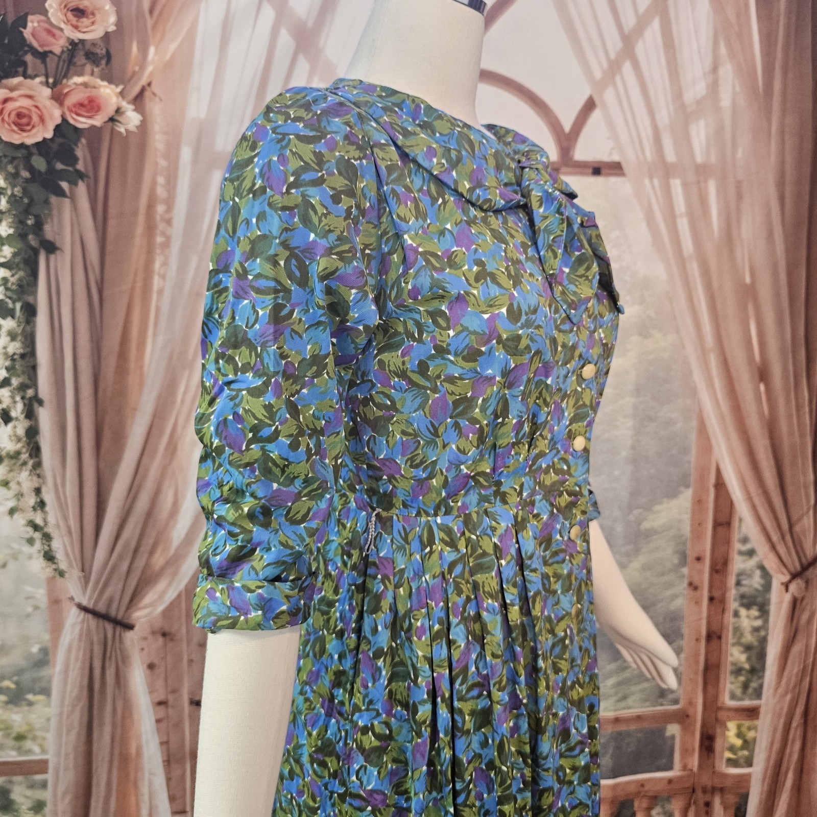Vintage 1960’s Dress Blue Green Purple Floral Rounded Collar Necktie Retro