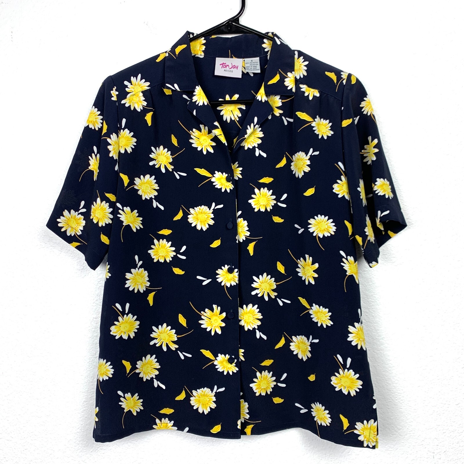 Vintage 90s Tan Jay Petite Daisies Button Up Camp Shirt 6 Petite