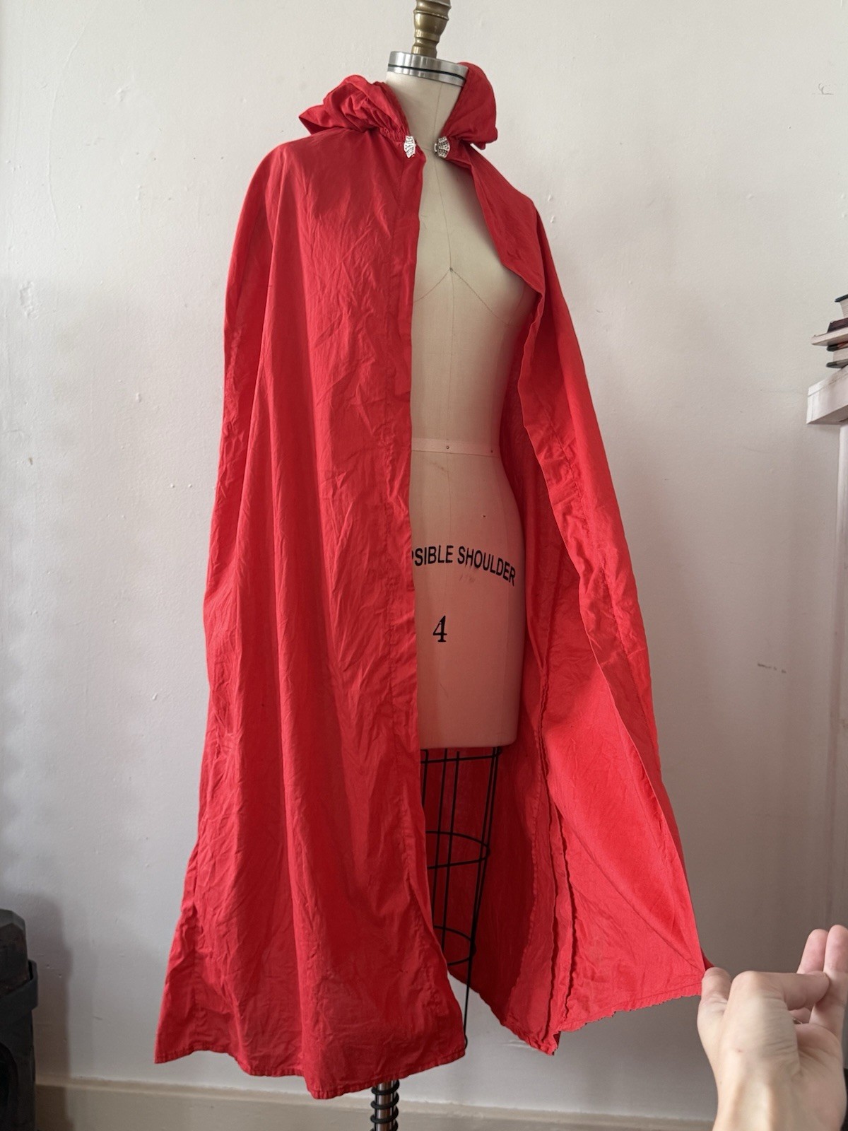 1930s Cherry Red Hooded Cape Pointed Hood Art Deco Rhinestone Clasp Fairy Tale
