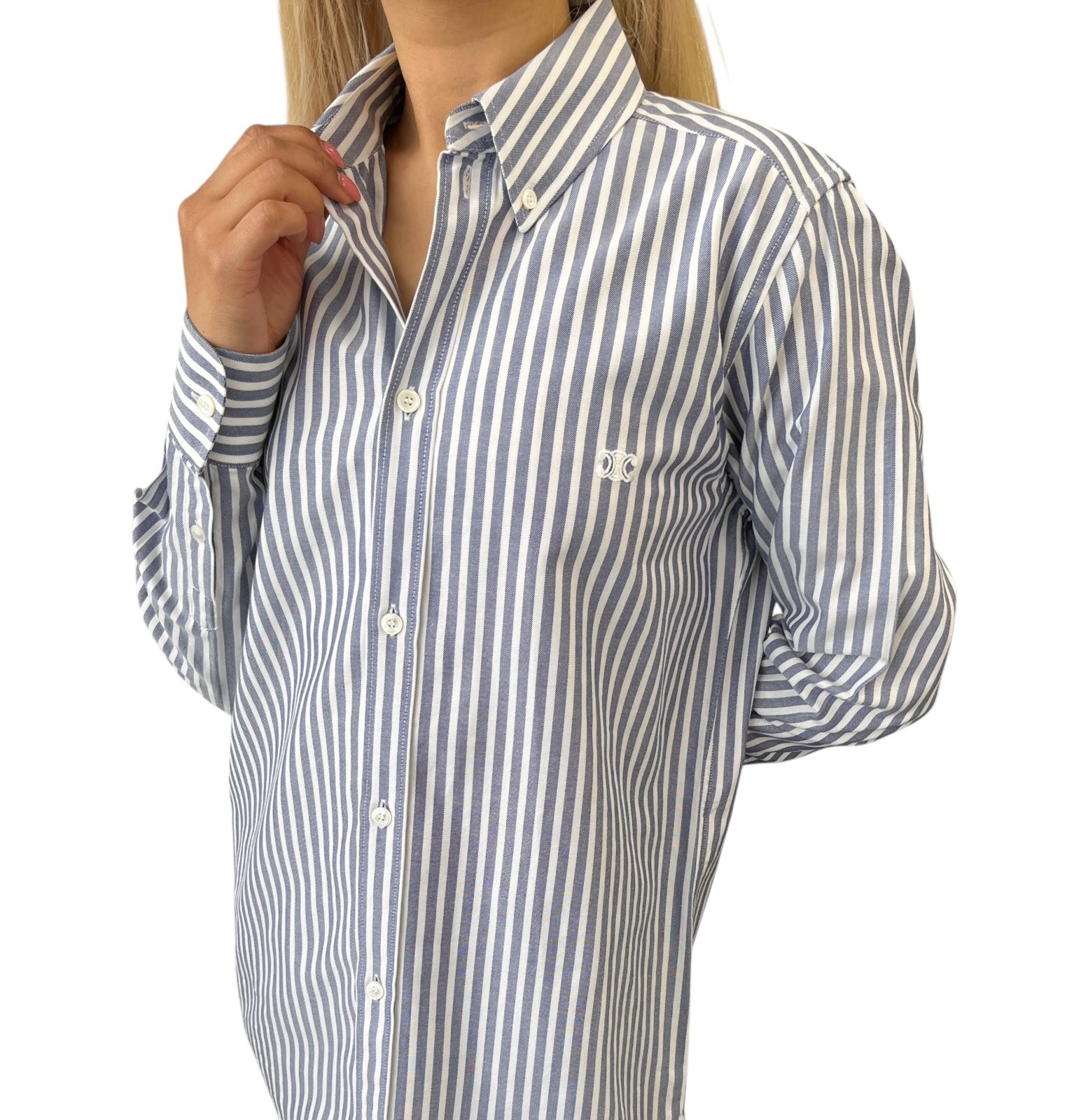 CELINE Triomphe Logo Stripe Button Up Shirt Long Sleeve #36 Blue White Cotton