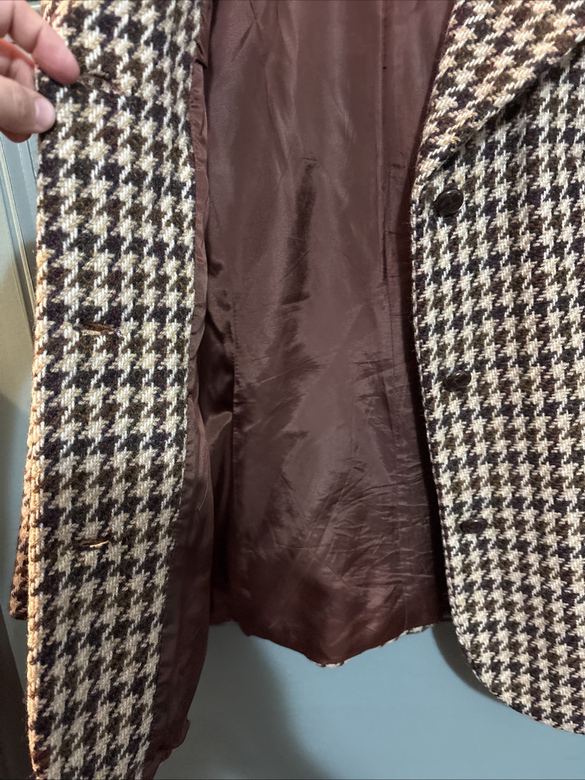 International Ladies Garment Workers Union Brown Beige Wool Houndstooth Coat 60s