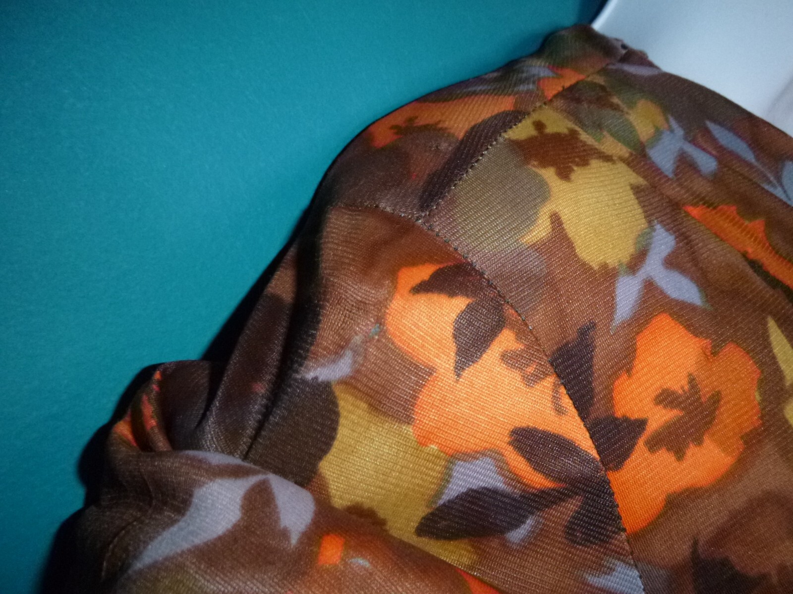 Vtg 60s Nylon Stretch Fabric Dress Multi Color Brown Orange Floral Sz S/M