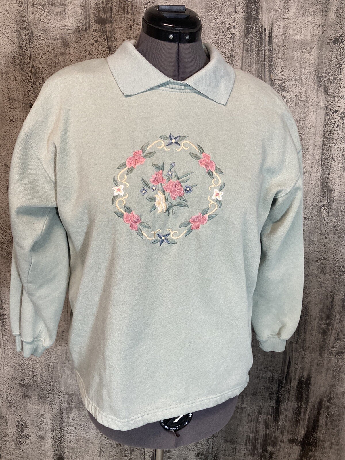 Vintage 90s Westport Embroidered Grandma Sweater Mint Green Floral Large Collar