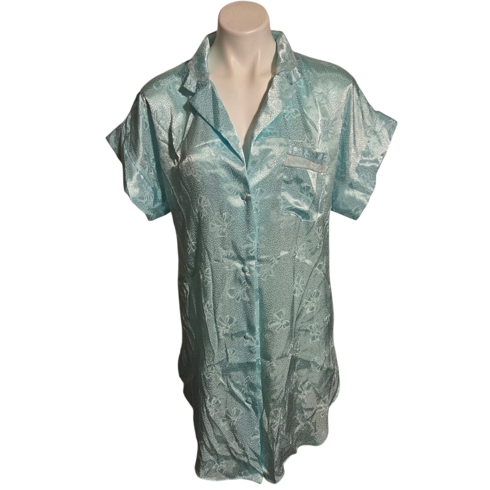 Vintage Lily Of France Sleepwear Medium Blue Nightgown Bow Pattern Embroidered