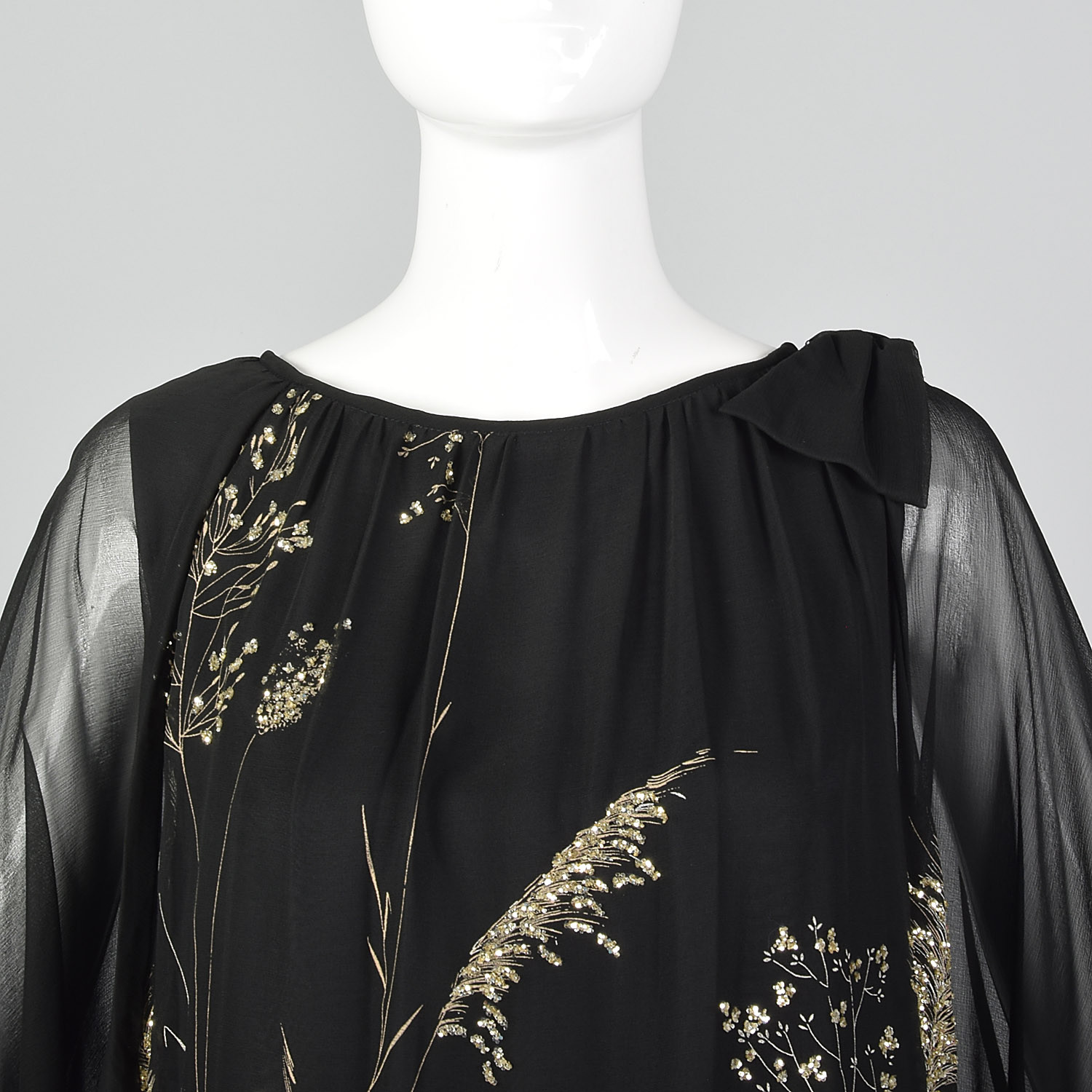 Small 1980s Black Drop Waist Printed Dress Gold Glitter VTG Long Maxi Party