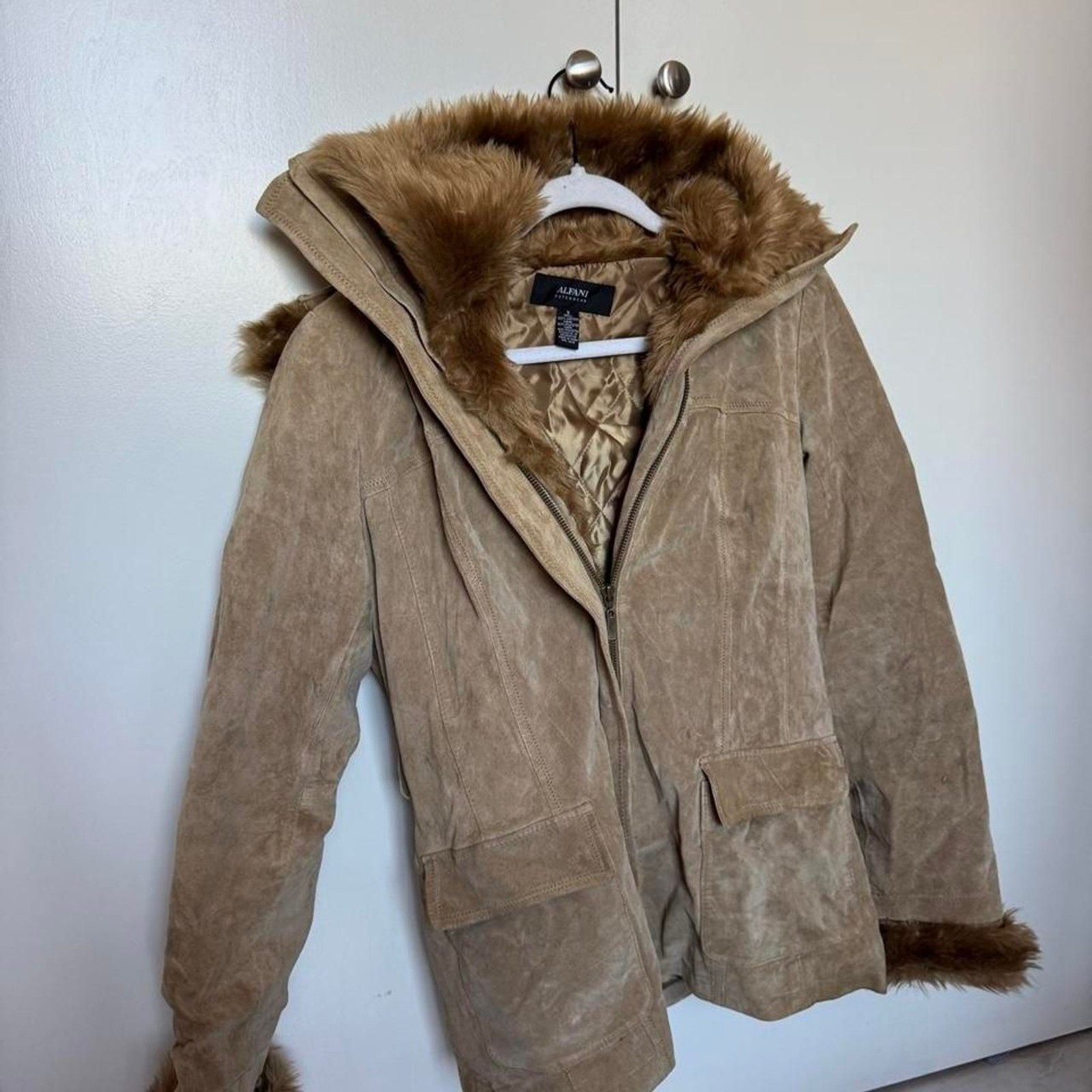 Vintage alfani brown 100% genuine suede coat slim fit fur lined removable hood