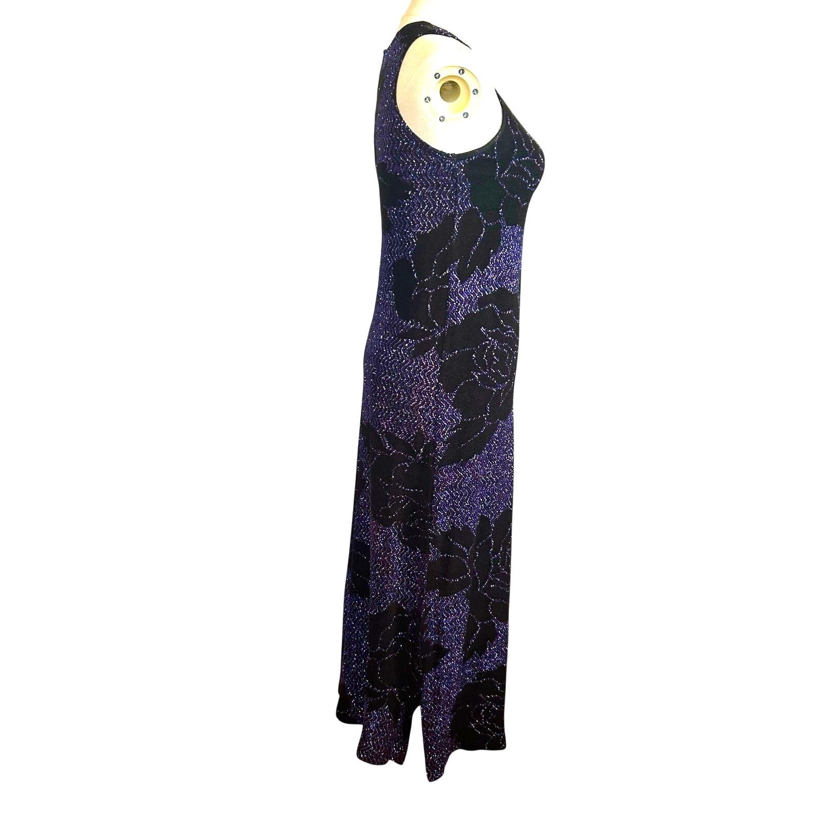 VTG 90s Black Purple Floral Metallic Maxi Dress M Goth Grunge Whimsigoth Y2K