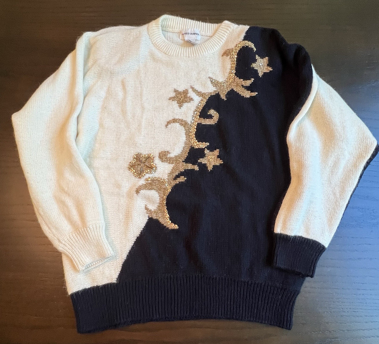 Vintage Alfred Dunner Sweater L Black Cream Gold Sequin 80’s Shoulder Pads Lrg
