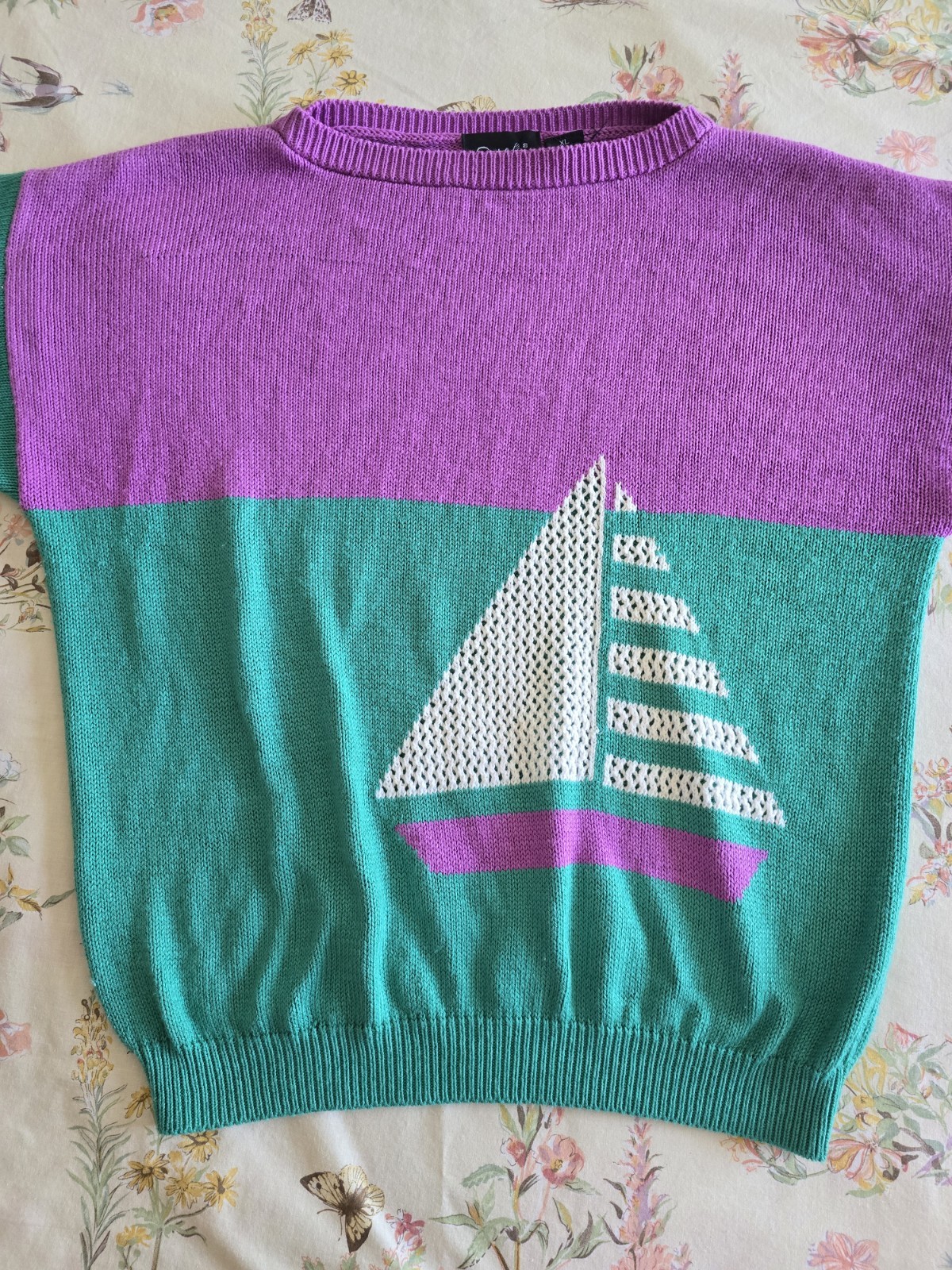 Vintage 1980s Catalina Sailboat Blouse Pastel Sweater Womens Large XL Nautical