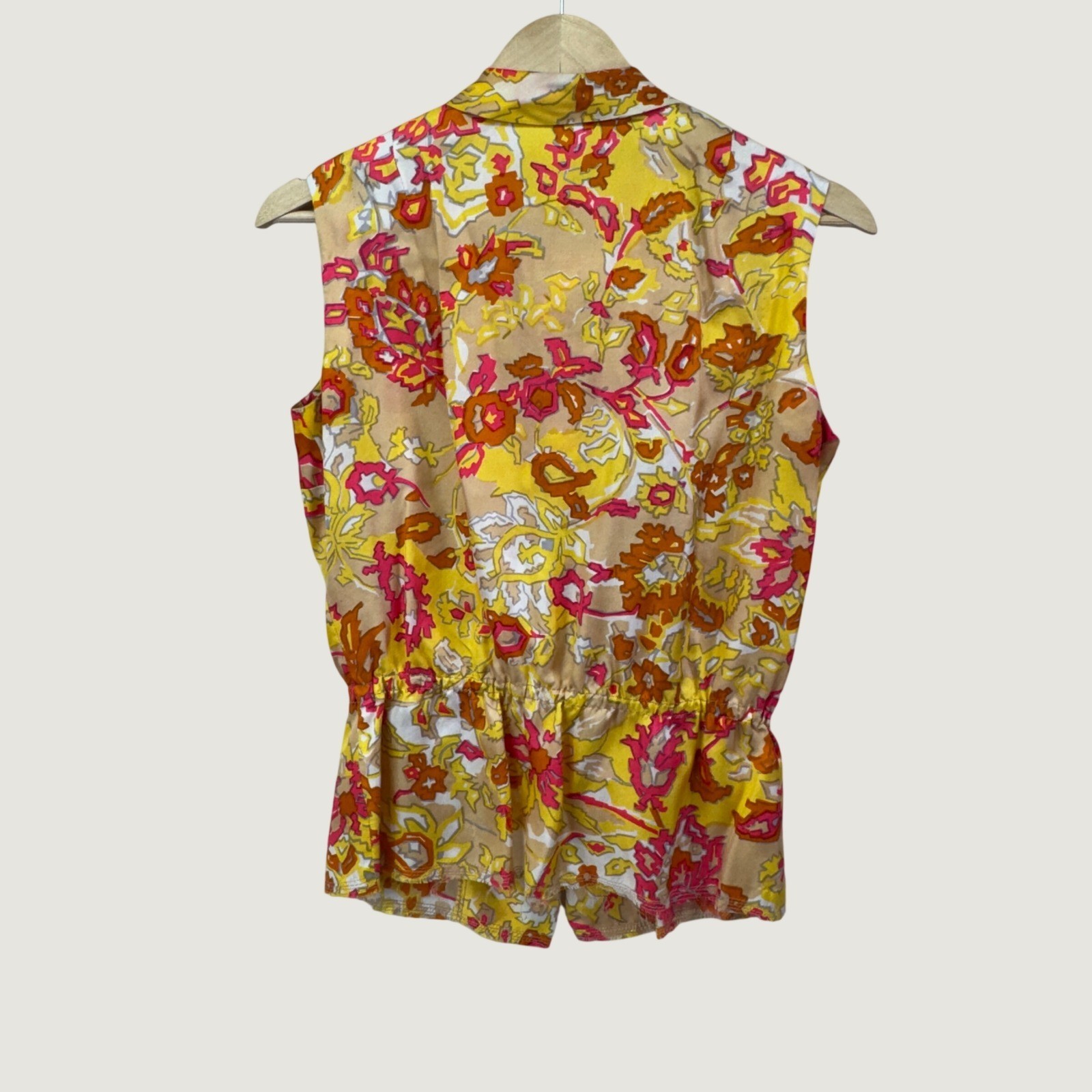 Sleeveless Bow Tie Blouse Yellow Floral Psychedelic Retro OOAF Womens S