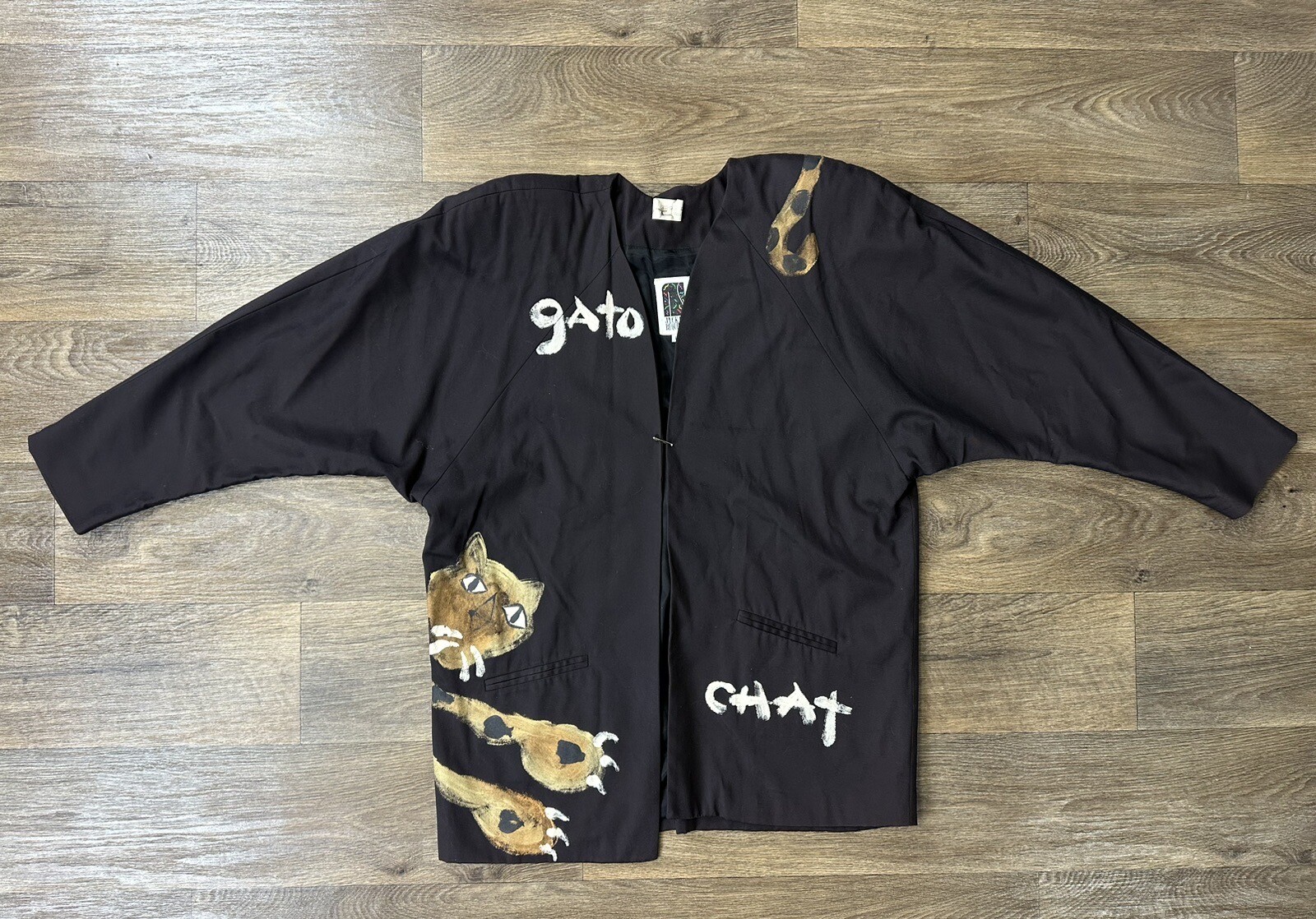 1980s Gato Chay Brown Boxy Hand Painted Leopard Design Artisan Jacket Large