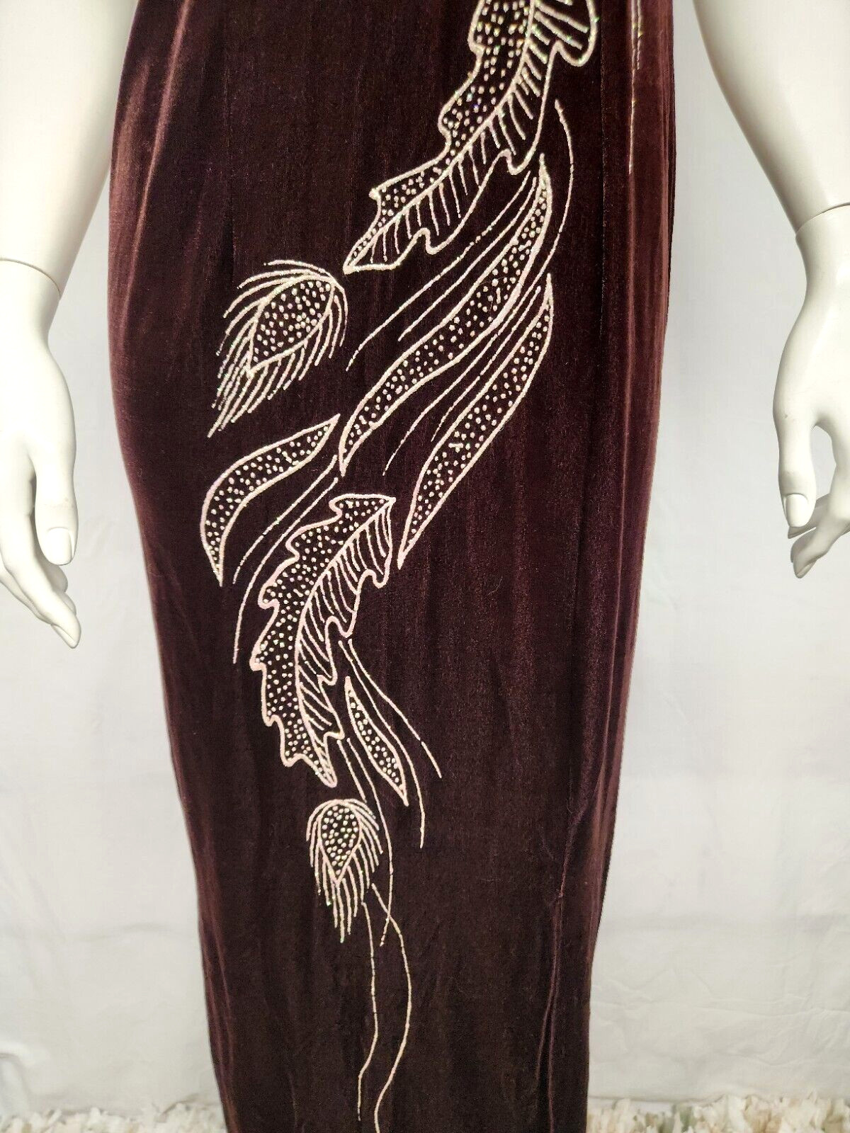 Vintage 90’s Beautiful Brown Velvet Silver Glitter Leaf Design Long Maxi Dress