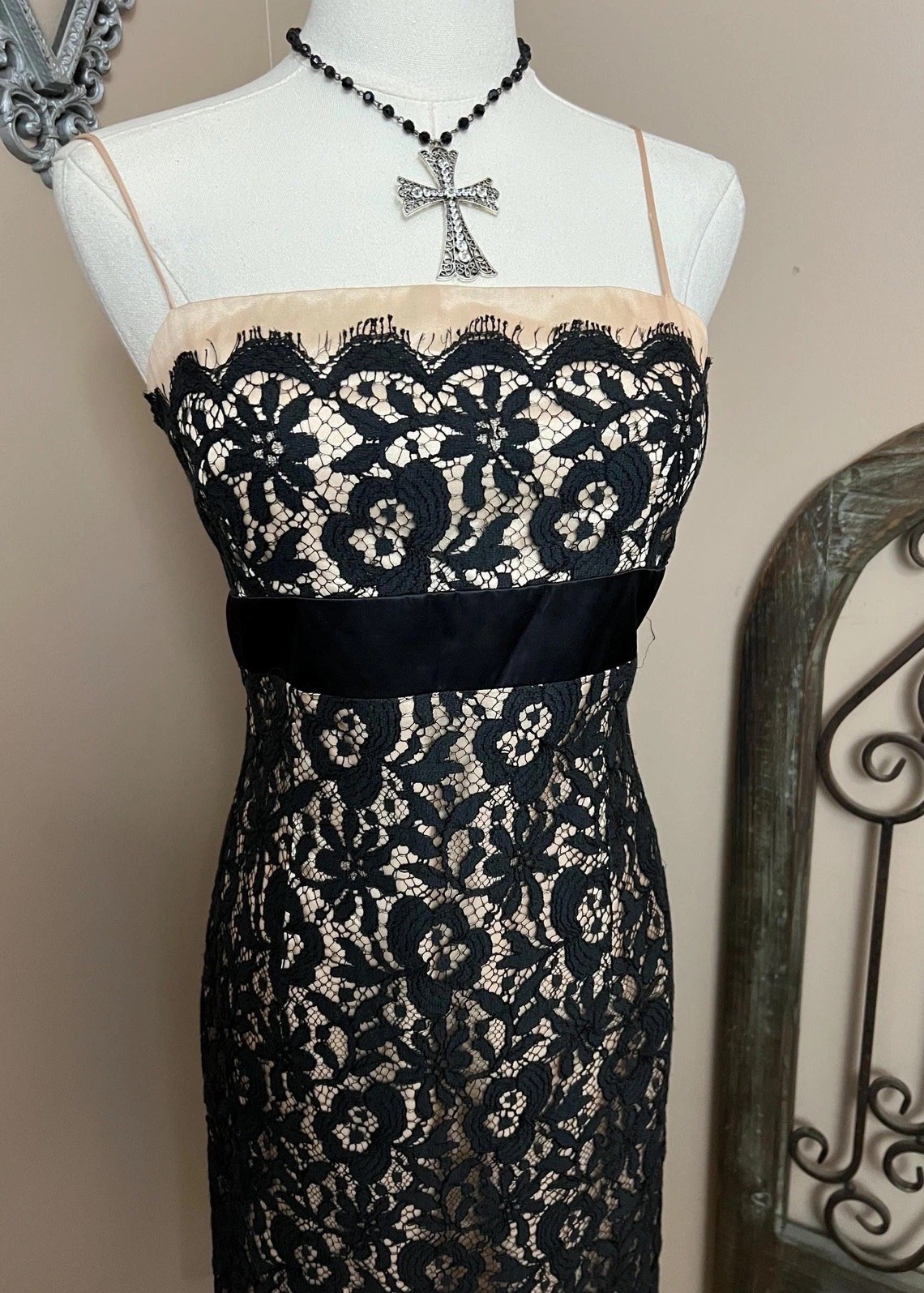 Vintage 90s Black Lace Nude Illusion Tank Dress Size S/M Gothic Party Cocktail