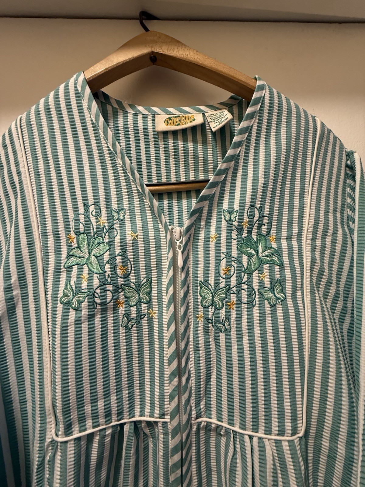 Vtg Collections Etc. Floral Embroidered Striped Zip Up Long Duster Robe Moo Moo
