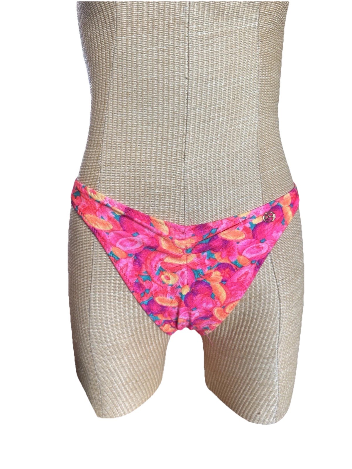 Vintage 90s High Cut Bikini Bottoms Neon Pink Print Ruched Bows USA Made SMALL