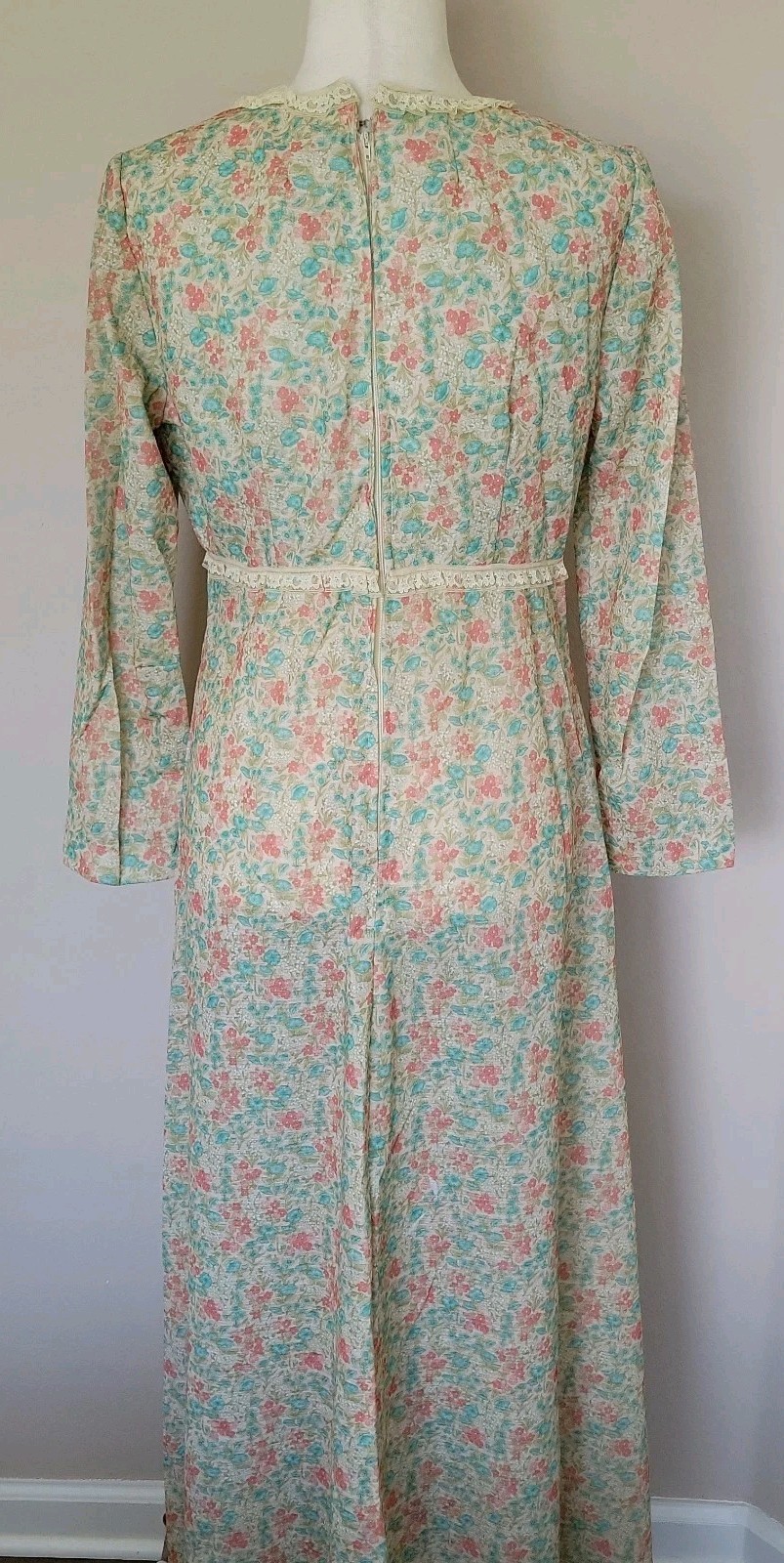 Vintage 70s Womens Maxi Dress Sz L Babydoll Hippie Ditsy Floral Lace Peasant