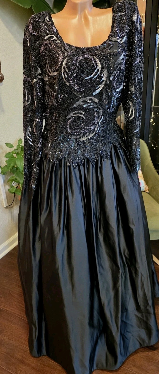 Vtg 80s Riazee Naeem Khan Bergdorf Goodman Beaded Sequin Silk Evening Gown Sz 14