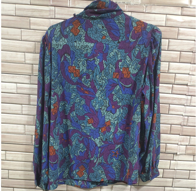 Y2K Pykettes Womens L Blouse Covered Buttons Blue Floral cowl neck long slee VTG