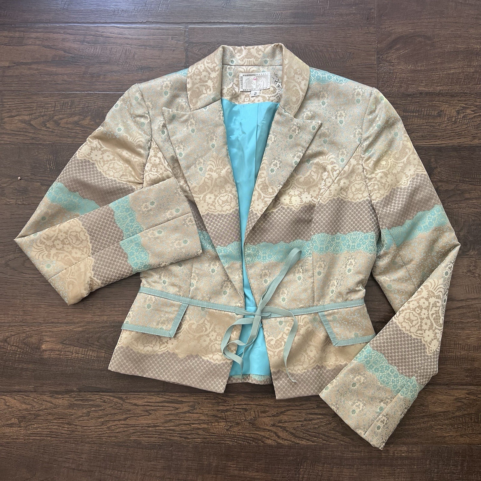 Alberto Makali Vintage Womens Teal Beige Blazer 2 XS Party Office Core 90s Y2K