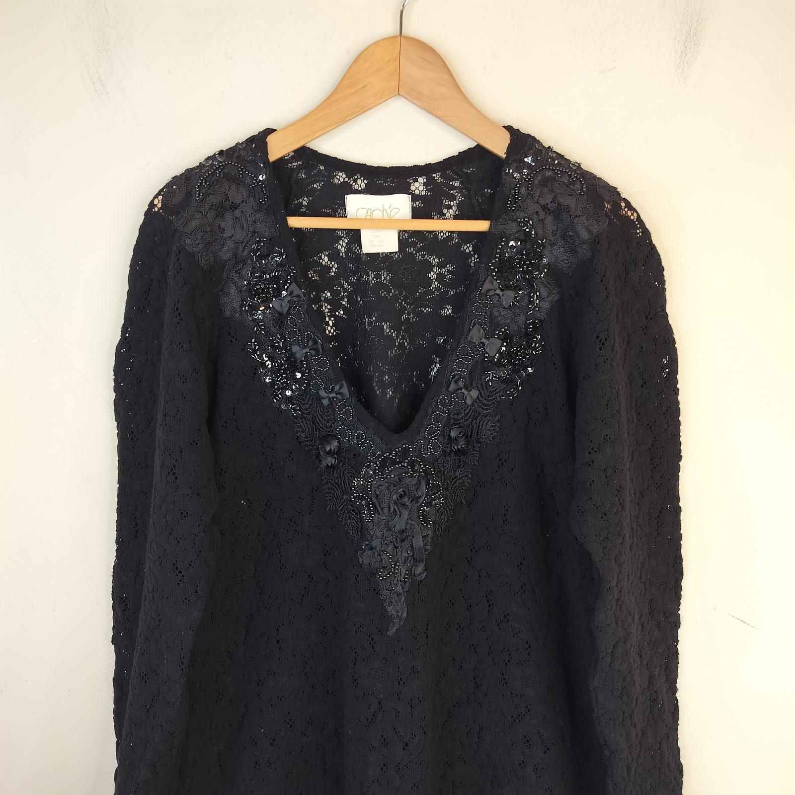 Cache Lace Tunic Top Womens One Size Beaded Sequin Bows Vintage Coquette Black