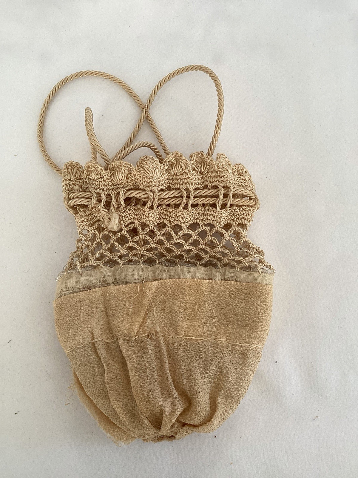 Antique Edwardian Silk Crêpe And Crochet White Glass Beads Reticule Evening Bag