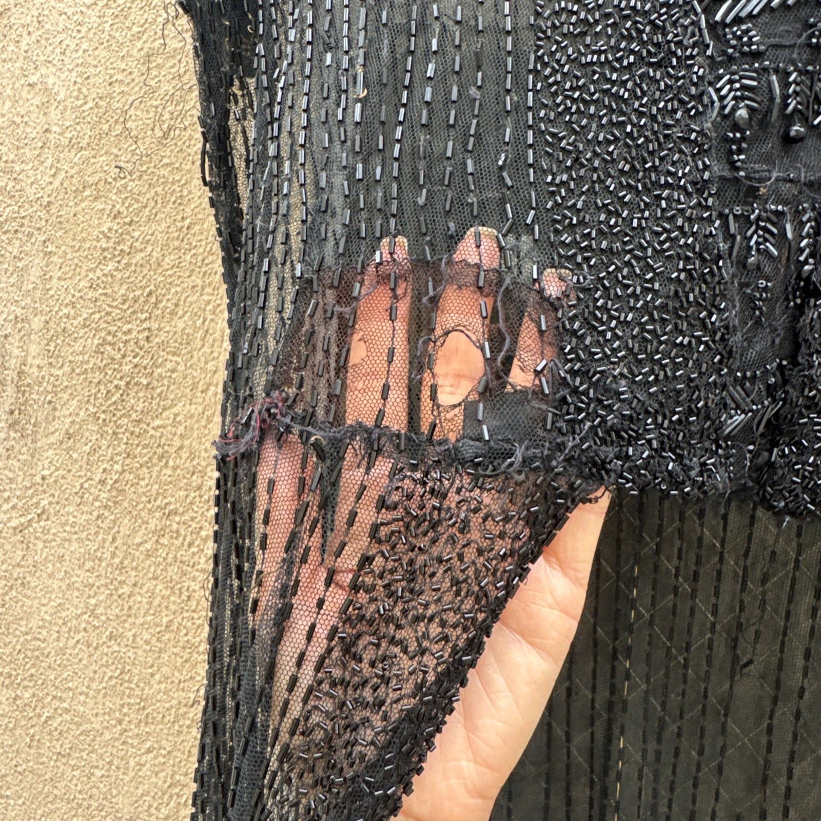 Antique 1920s Black Net Heavily Beaded Dress Train Short in Front Floral Vintage