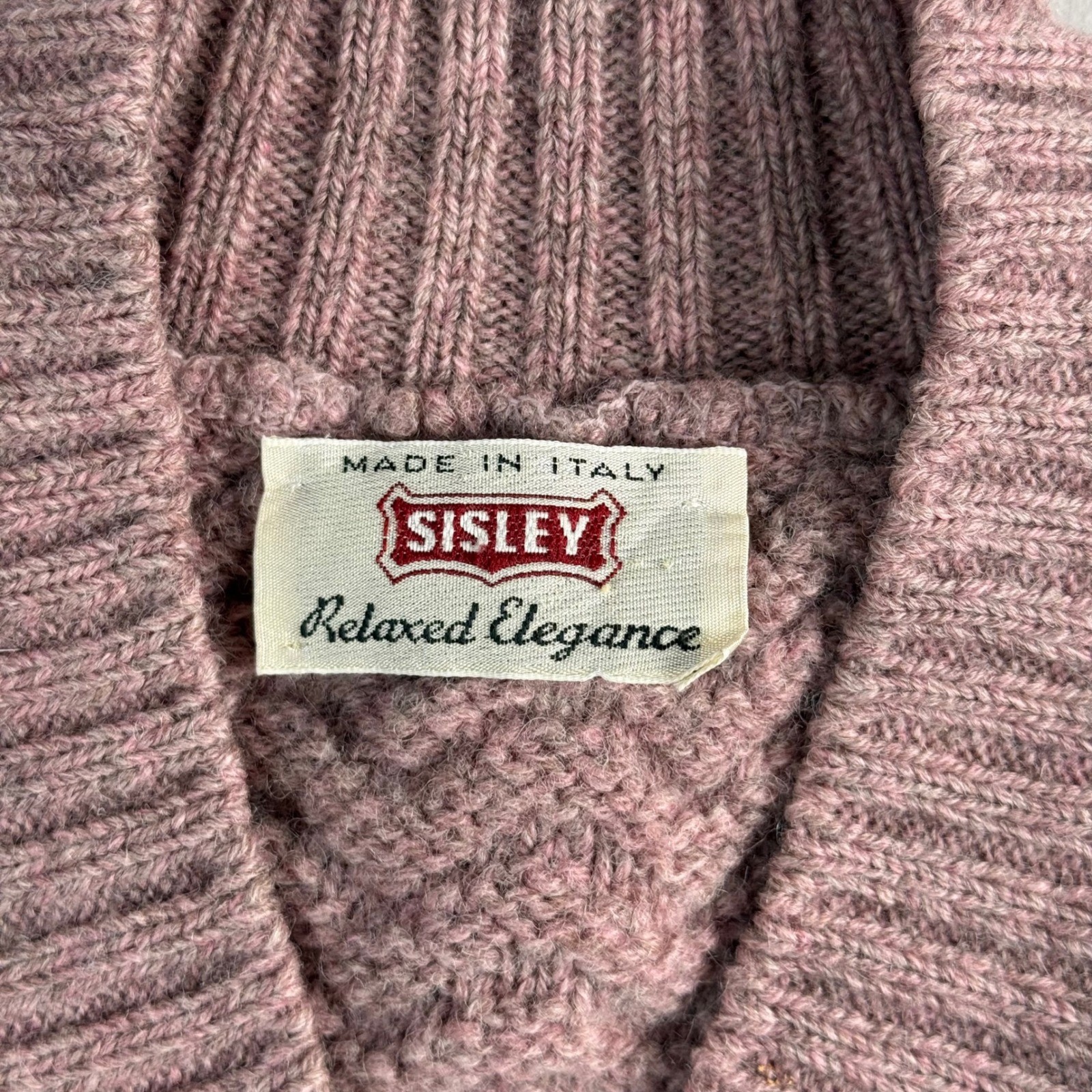 Vintage Sisley Made in Italy Patchwork Knit Sweater Mauve Pink V-Neck Pullover