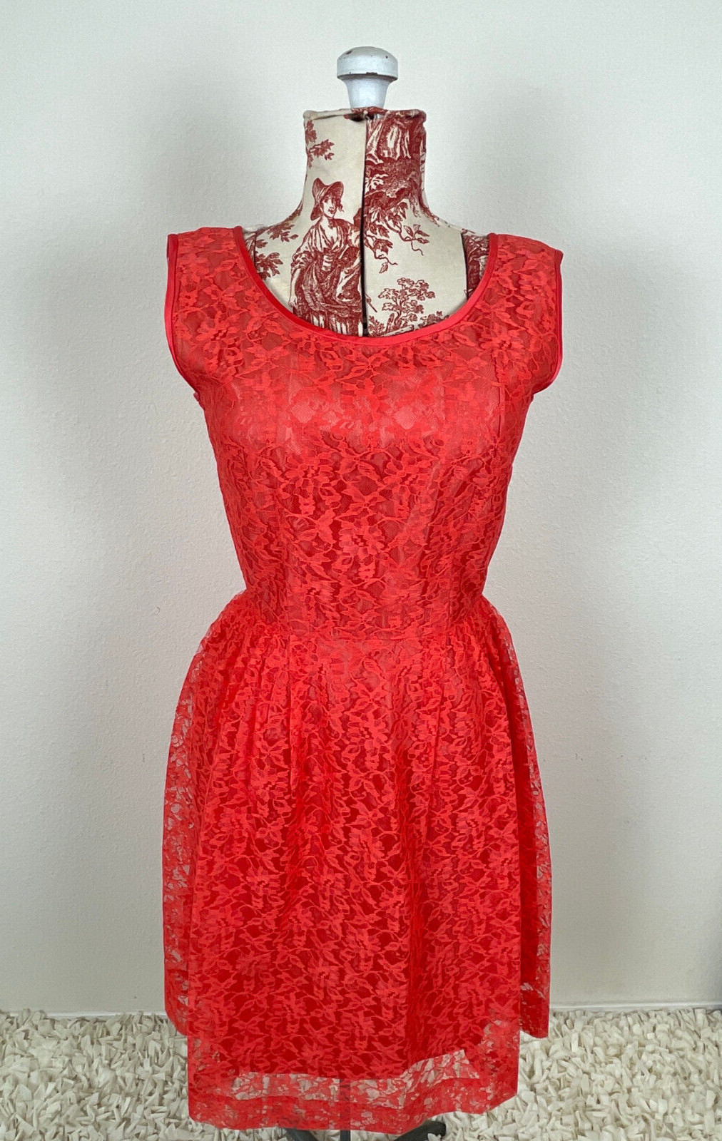 Vtg 50s CORAL LACE Dress J. Harlan Rockabilly Pinup Red Party Sheer Sexy 1950s