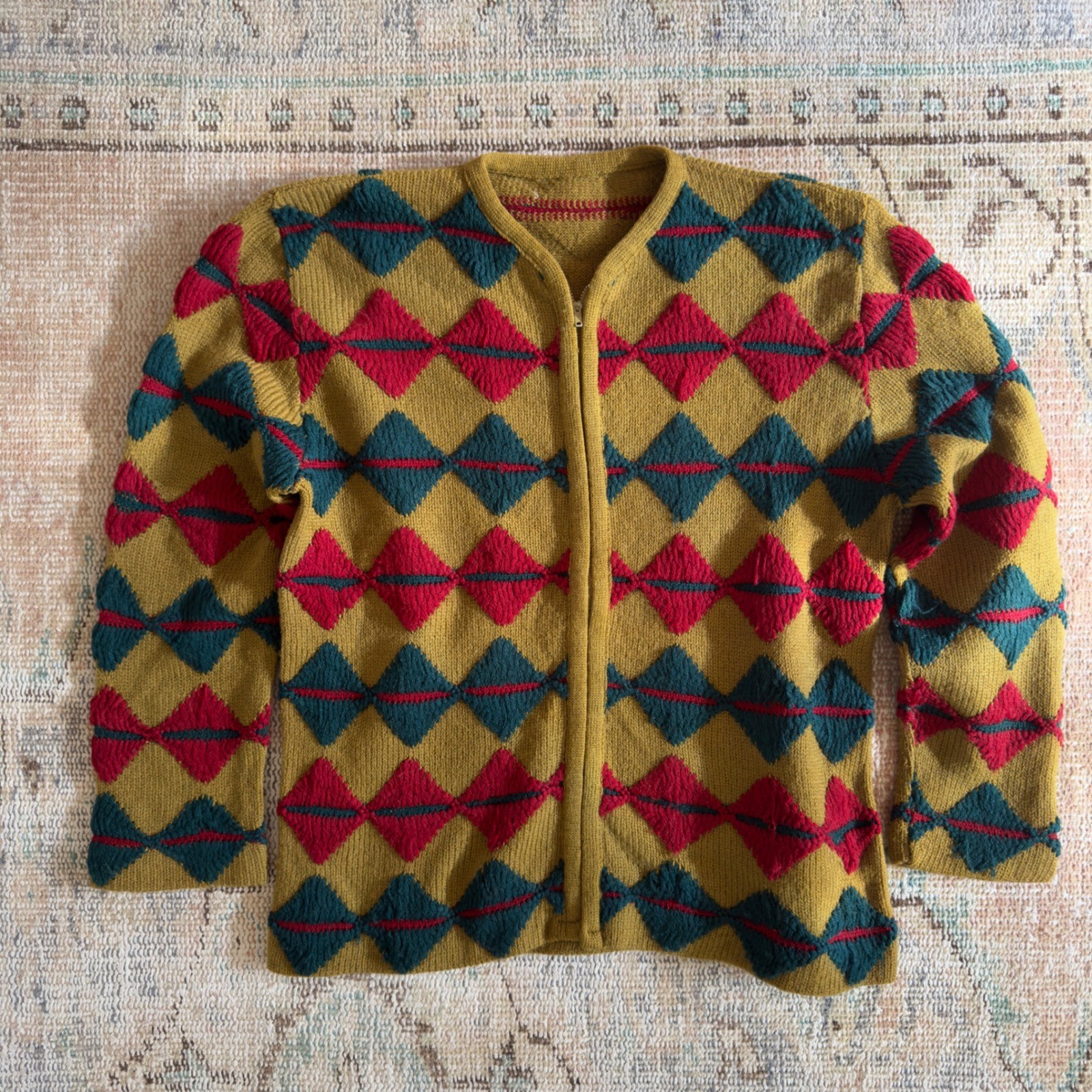 Vintage 60s Wool Blend Harlequin Diamond Zip Up Cardigan Sweater Green Red Teal