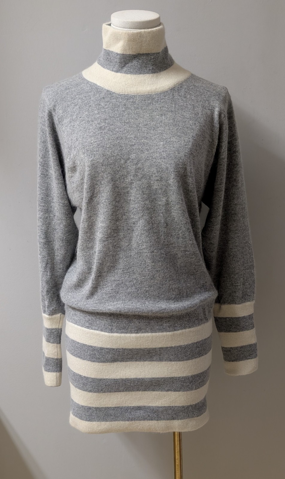 Vtg Linda Allard Ellen Tracy Gray Cream Mini Sweater Dress Lambs Wool Angora S/M
