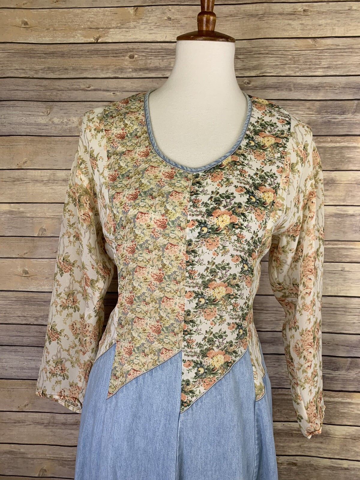 Vintage Tickets Womens Dress Denim Floral Mixed Zip Back Boho Long Cottage Core