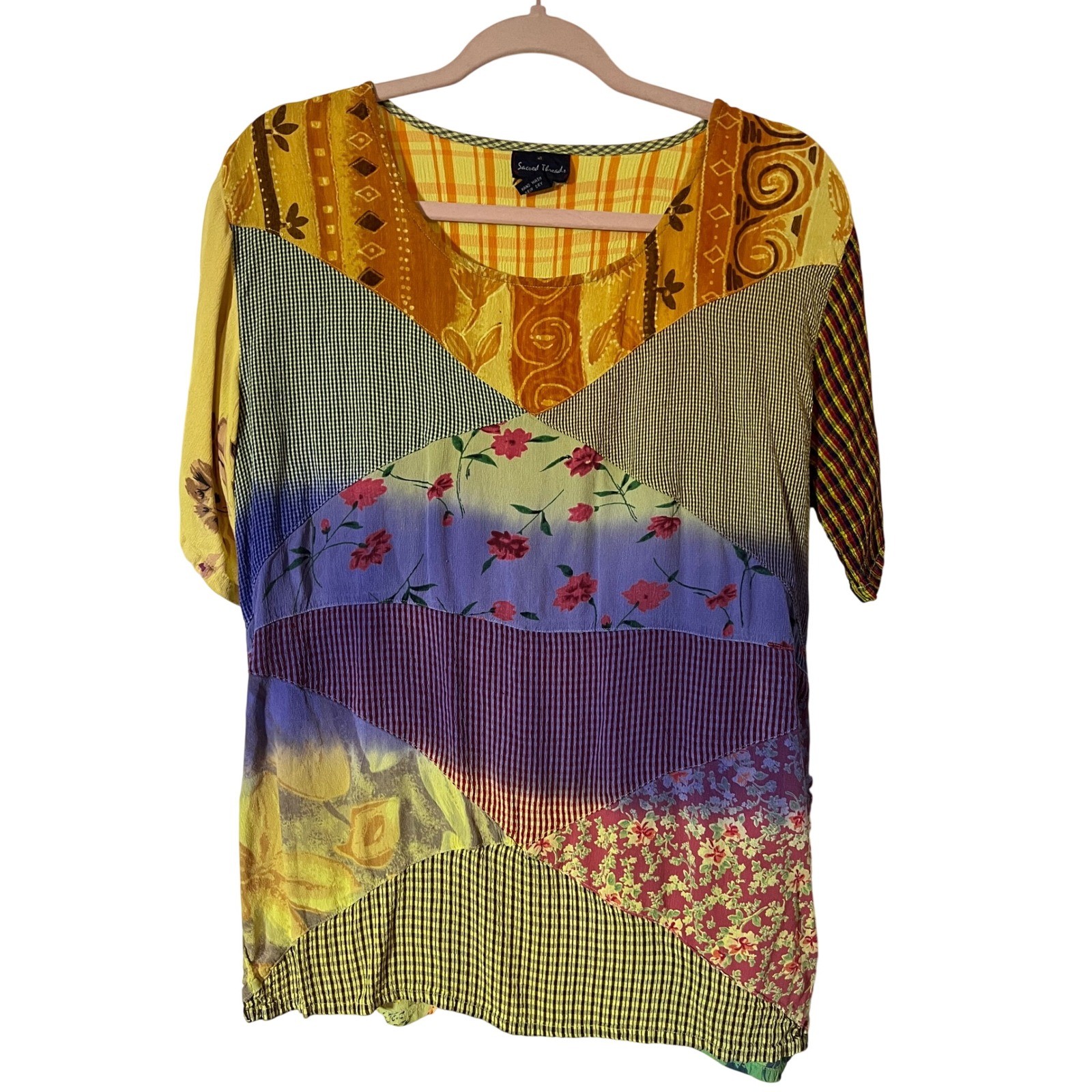 Sacred Threads Top M/L Y2K Whimsigoth Patchwork Floral Multi Color Rayon
