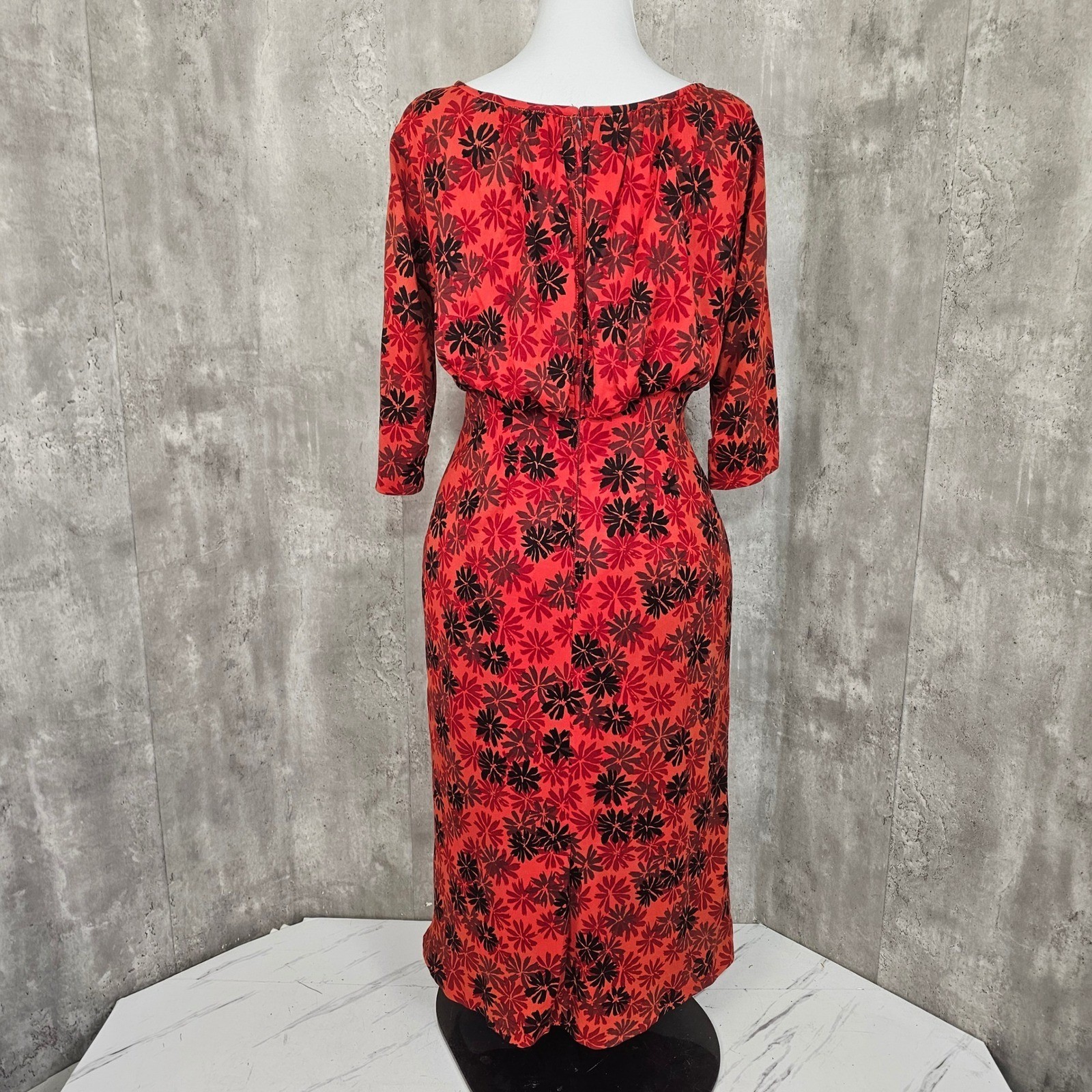 Vintage 60s Red Black Floral Wiggle Draped Back Dress Bow Waist Cocktail Party