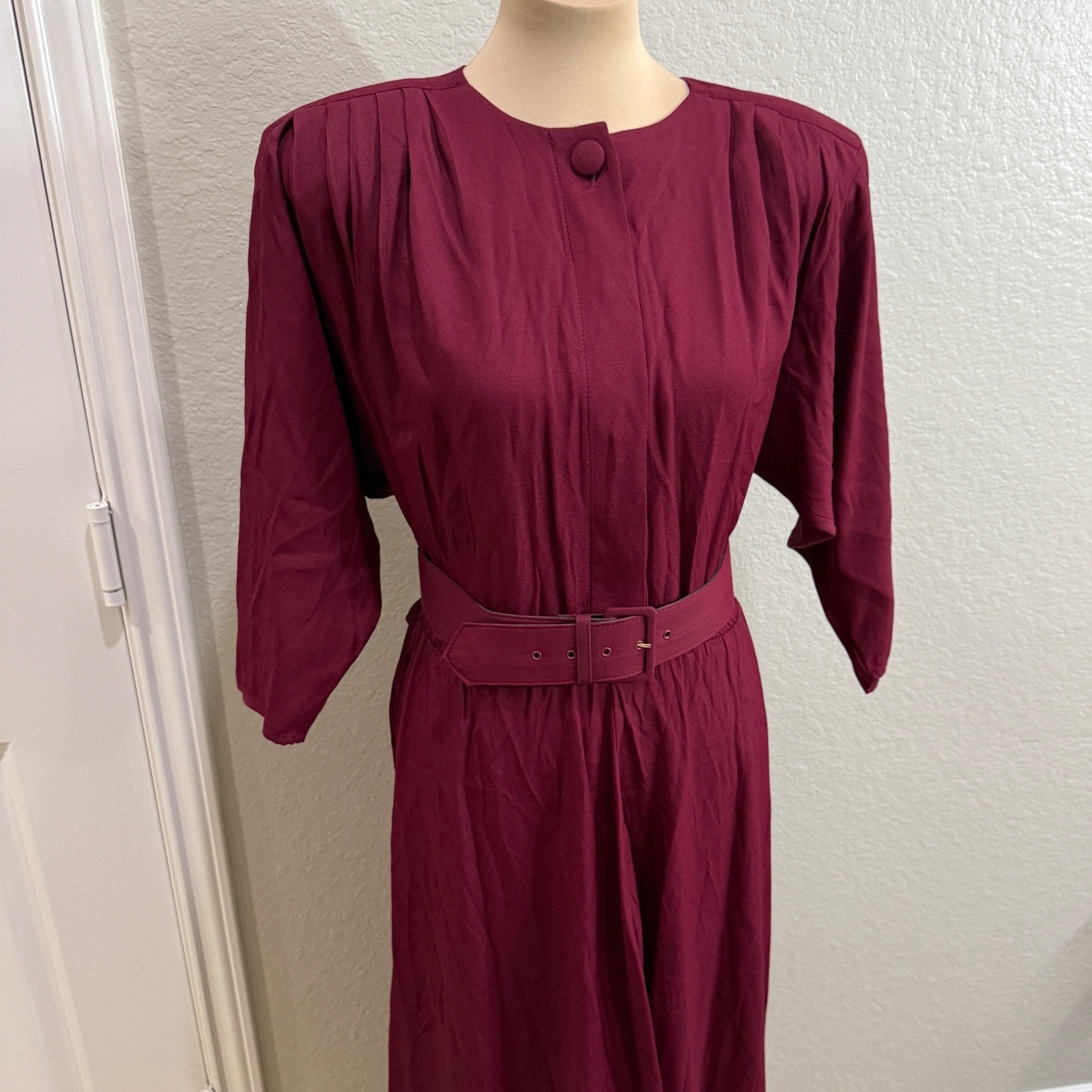 Nina Piccalino Vintage 80s Burgundy Belted Pleated Maxi Dress 9 to 5 Womens 12