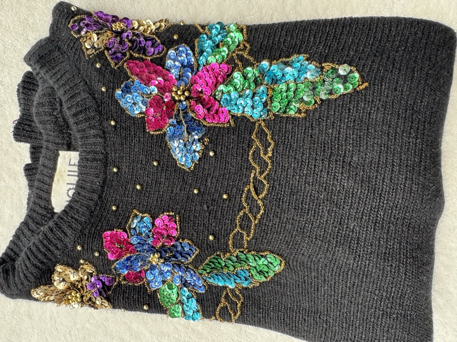 Vintage Joule Energy Sweater 80s black sequin Goldberg women L silk Angora wool