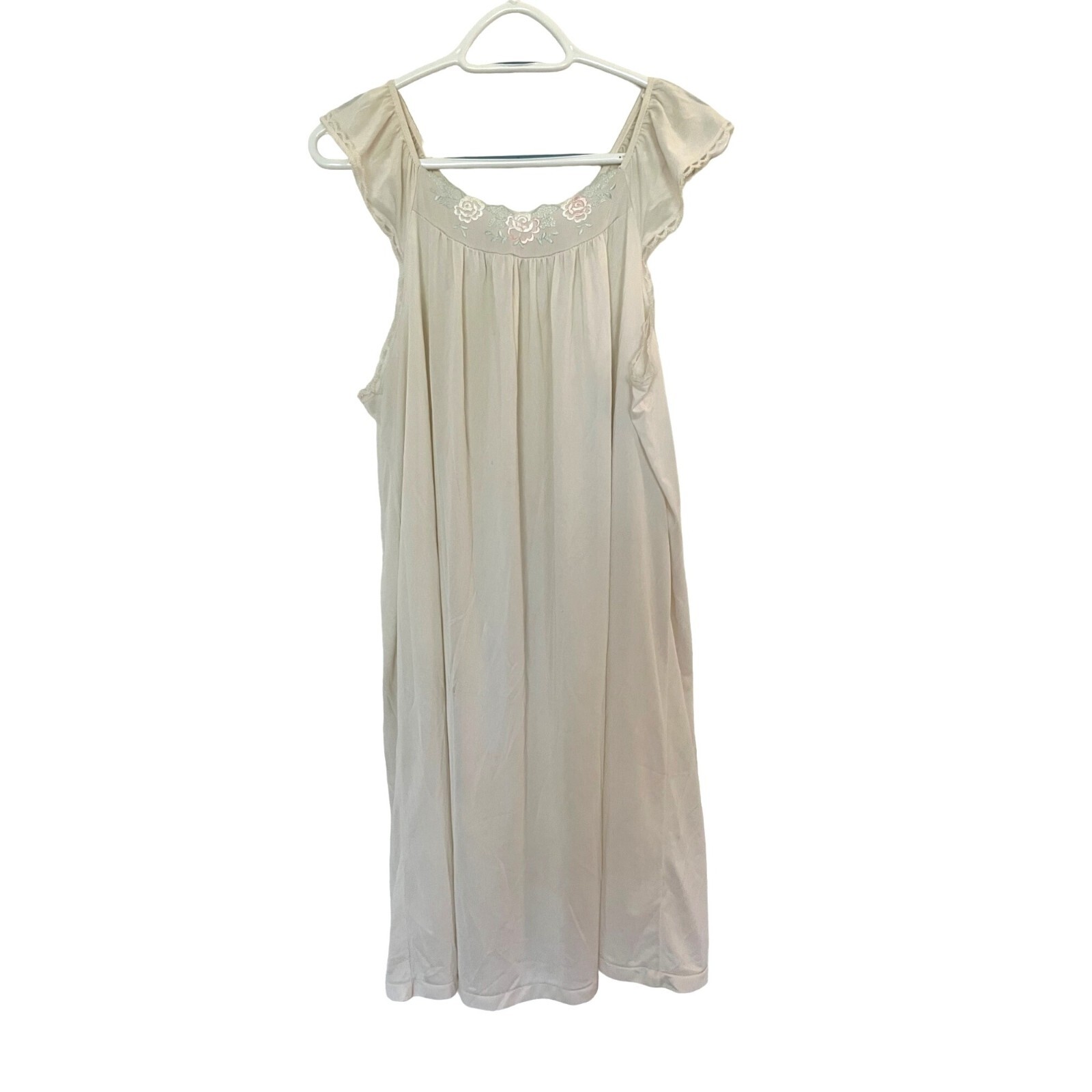 Vintage Carriage Court Sears Beige Nightgown Floral Embroidery Lace SZ L
