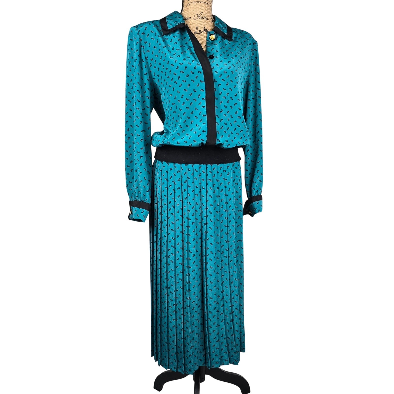 Vintage 80s Andrea Gayle Teal Paisley Pleated Skirt Set Blouse 2pc Suit Size 12