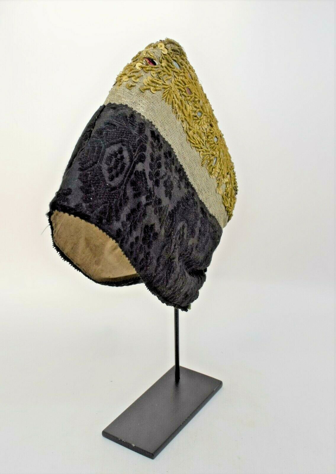 Antique 18th Century Woman’s Hat Coif Winter Weight Black Jacquard European