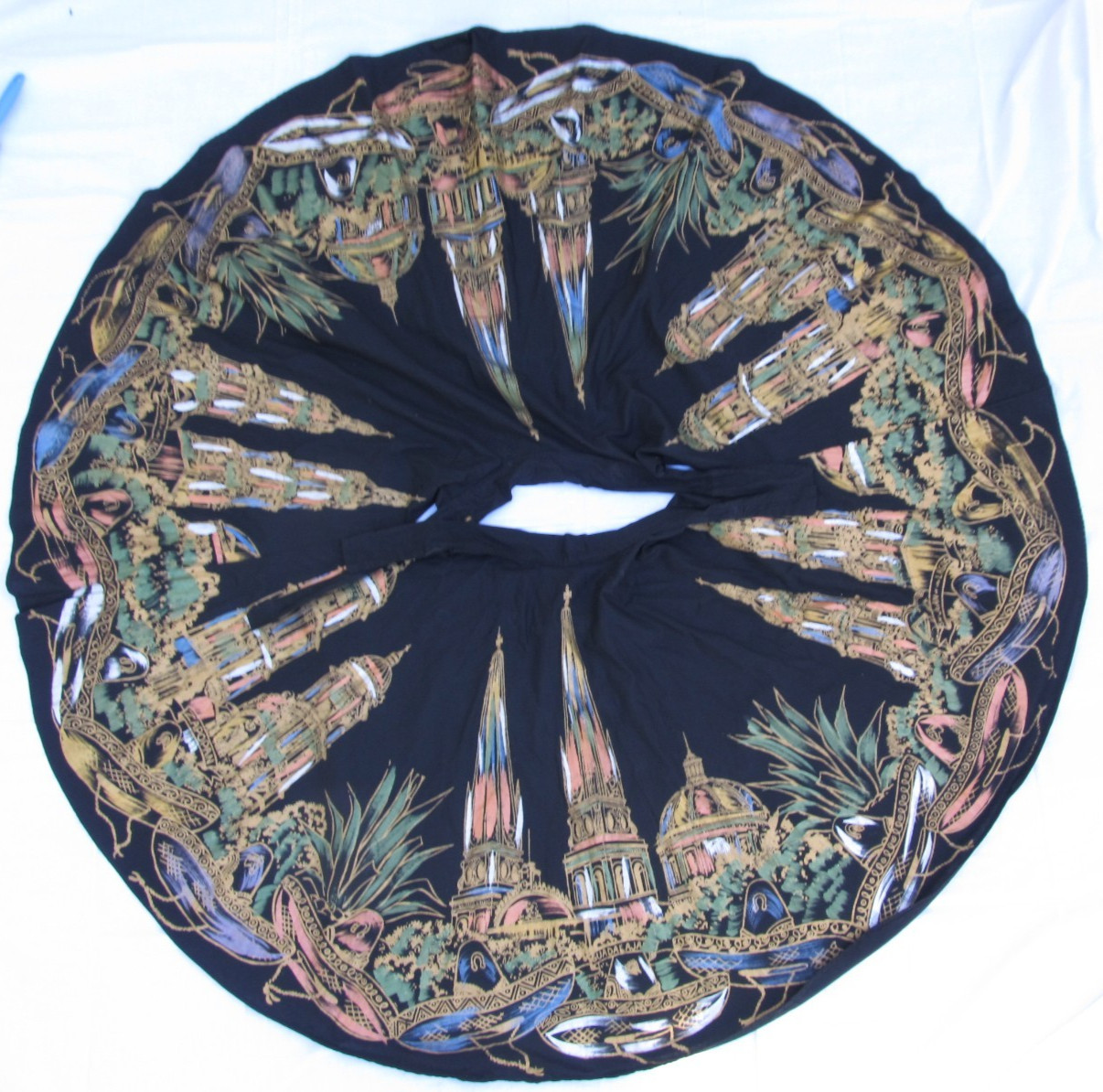 Hand Painted Circle Skirt Novelty Print Vintage Mexico Souvenir Modesty Midi