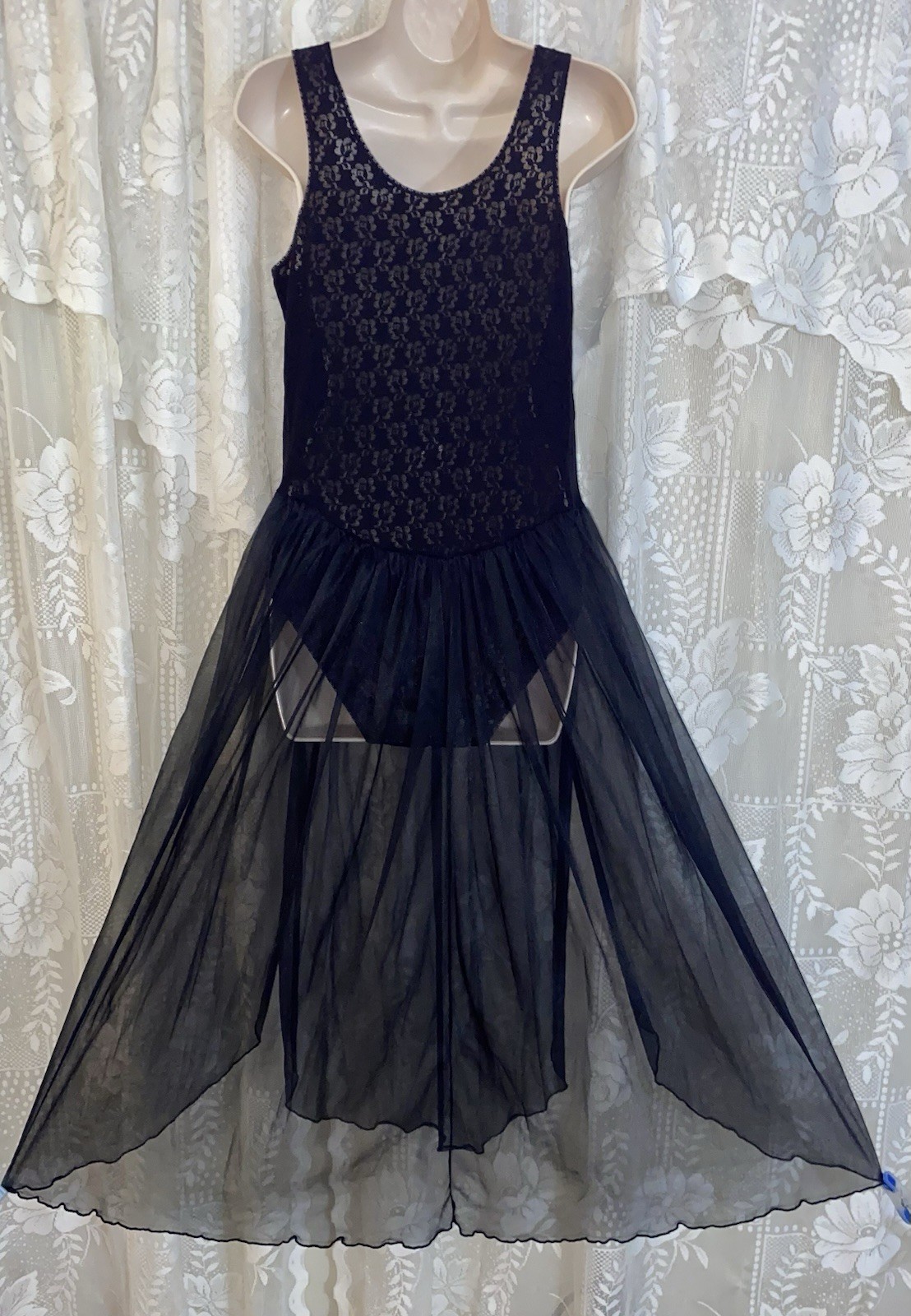 VTG LXL Lady Cameo Black NYLON LACE BODYSUIT TEDDY NIGHTGOWN Sheer Chiffon Skirt