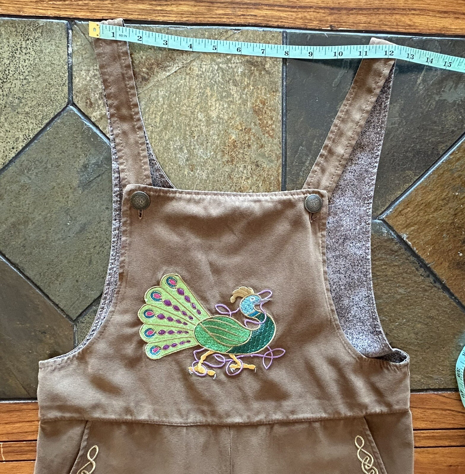 Vintage PEACOCK Embroidered Unique Handmade Bib Overall Boho Pants XS 28” Inseam