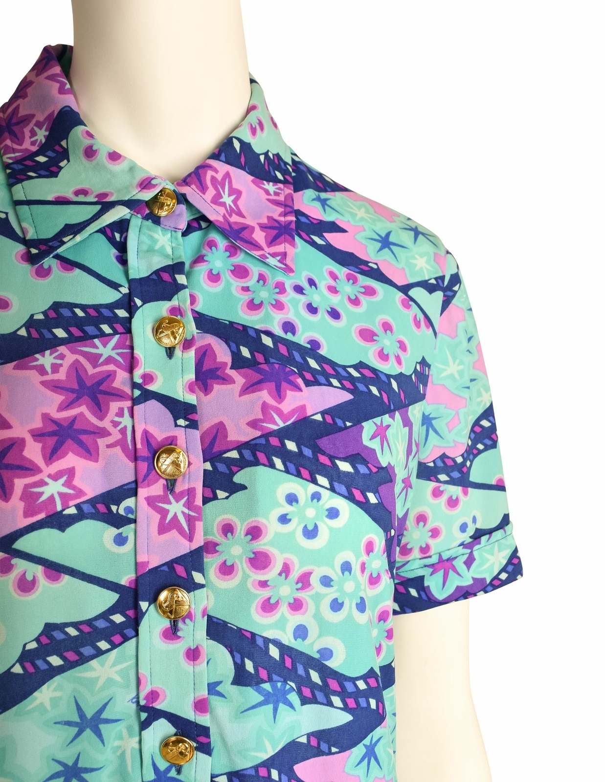 Ken Scott Vintage 1970s Blue Purple Seafoam Aqua Floral Star Print Shirt Dress